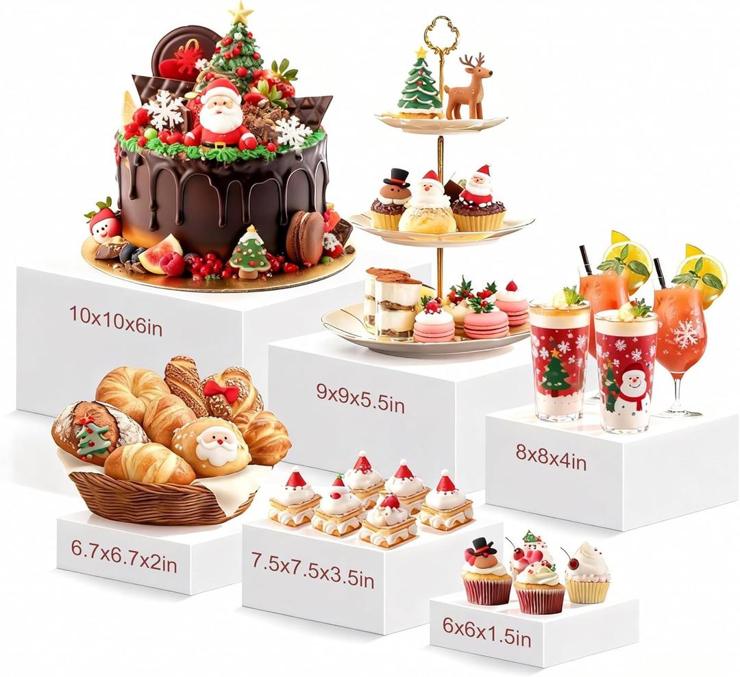 OVNTHYK 6 PCS Buffet Risers – Large White Acrylic Food Display Risers for Buffet Table, Catering & Dessert, Nesting Cube Boxes for Party, Christmas Buffet & Holiday Table Decor