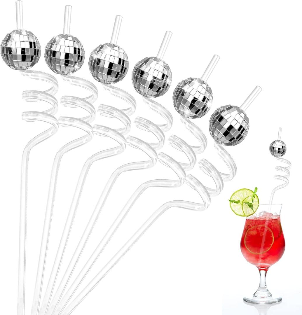 Chengu 12 Pcs Mirror Disco Ball Straws 70s Silver Disco Party Decorations Reusable Straws Gorgeous Retro Party Favors for Discos Cups Mamma Mia 2026 New Years Eve Birthday Parties