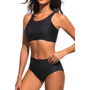 Tempt Me Women Two Piece High Waisted Bikini Set Sporty Swimsuits Bathing Suit with Bottom for Teen Girls (Small, Black)