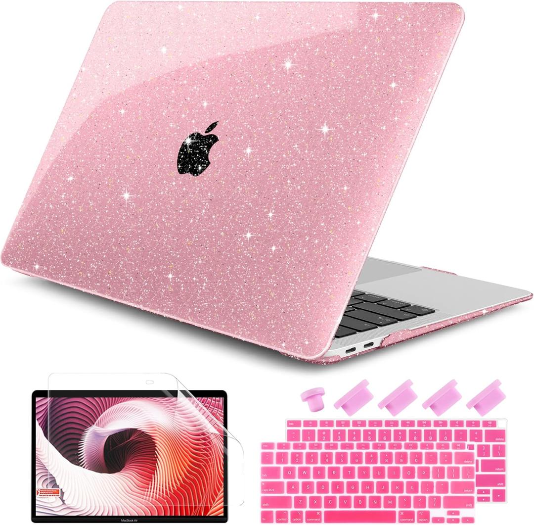 DONGKE for MacBook Air 13 inch Case 2021-2018 Release A2337 M1 A2179 A1932, Bling Plastic Hard Shell Case & Keyboard Cover Only Compatible with MacBook Air 13 inch Retina Fits Touch ID, Sparkly Pink | 2021-2018 Release, A2337, M1, A2179, A1932, Keyboard Cover