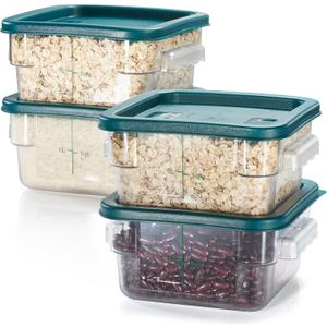CURTA 4 Pack Food Storage Container with Green Lid - NSF Listed Commercial Grade in 2.0 Qt - Square, Clear, Polycarbonate