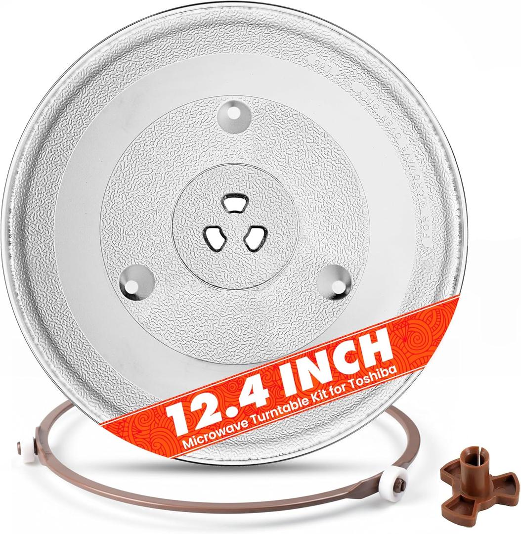 12.4" Toshiba Microwave Turntable Glass Plate + Roller Ring + Coupler Feet Kit  Replacement for EM131A5C-BS / EM131A5C-SS / ML2-EC10SA(BS) / ML-EM45PIT(BS), Panasonic, Emerson & Frigidaire Microwaves