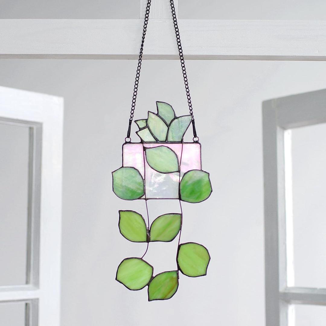 Handmade Stained Glass Succulent Plant Window Hanging, Tiffany Style Indoor Wall Window Panels Decor, 10.47 * 5.1 inch (Light Green)