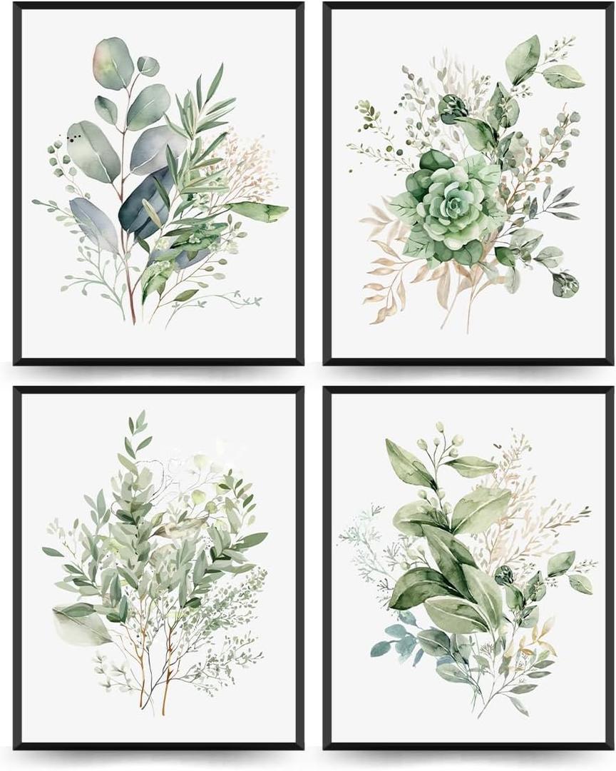 PLKMN Sage Green Botanical Wall Art Set of 4, Modern Wildflower Prints, Floral Plant Decor for Bedroom, Bathroom, Farmhouse, 8x10 Inch, Unframed