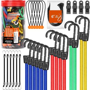 HORUSDY 31-Piece Premium Bungee Cords Assortment Jar, Includes 10,18,24,32,40 Bungee Cords, 6 Zip Ties, 8Canopy/Tarp Ball Ties and Crocodile Mouth Tarp Clips