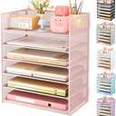 Subekyu 6 Tier Office File Paper Desk Tray Organizer with Handle, Stackable Slide Mesh Letter Tray Folder Pink Desk Organizer, Desktop Document Sorter for Classroom, Office, Home Supplies Storage