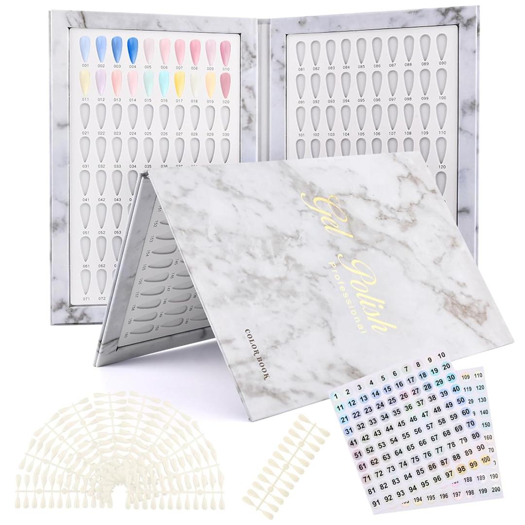 160 Color Nail Display Book with 240 Nail Tips and 1-200 Numbered Labels, Easy to Install, Removable Design, Portable Book Style, Space-Saving for Nail Art