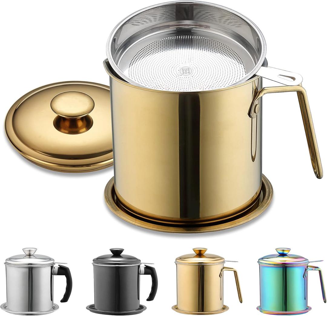 Berglander Gold Bacon Grease Container With Strainer 47oz/1.4L, Titanium Golden Plating Stainless Steel Oil Storage Container with Fine Mesh Strainer Dust-proof for Storing Frying Oil and Cooking Fat