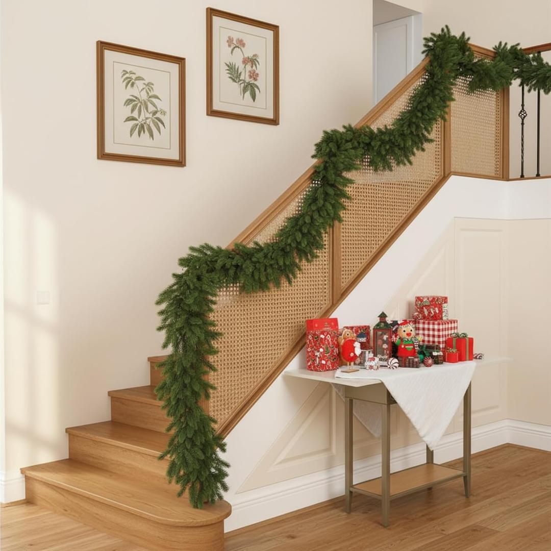 Lyrow 2 Pcs 12 ft Artificial Pine Greenery Garlands Deluxe Faux Thick Real Touch Winter Pine Garland Artificial Greenery Wreath for Table Fireplace Mantle Indoor Outdoor Christmas Decorations