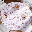 Round Vinyl Fitted Tablecloth with Flannel Backing Elastic Edge Design Table Cover Waterproof Oil-Proof PVC Table Cloth Stain-Resistant Wipeable for 57"-66" Round Table