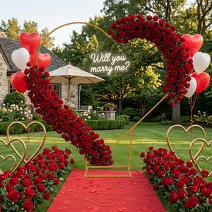 6.6ft Large Metal Heart Arch Stand & Will You Marry Me LED Neon Sign – Proposal Decorations Kit Includes Red Carpet 4000 Rose Petals, 30 Artificial Roses – Marry Me Sign for Engagement, Wedding, Valentine’s Day(Yellow)