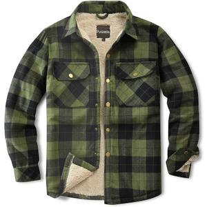 Men's Sherpa Lined Cotton Flannel Shirt Jacket Plaid Button Up Jacket Coat for Men with Pocket (Medium, Army Green)