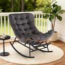 GarveeLife Rocking Chair, Papasan Chair with Detachable Polyester Cushion & Extendable Footrest, Comfy Rattan Rocking Chair for Porch Lawn Bedroom Living Room (Dark Grey)