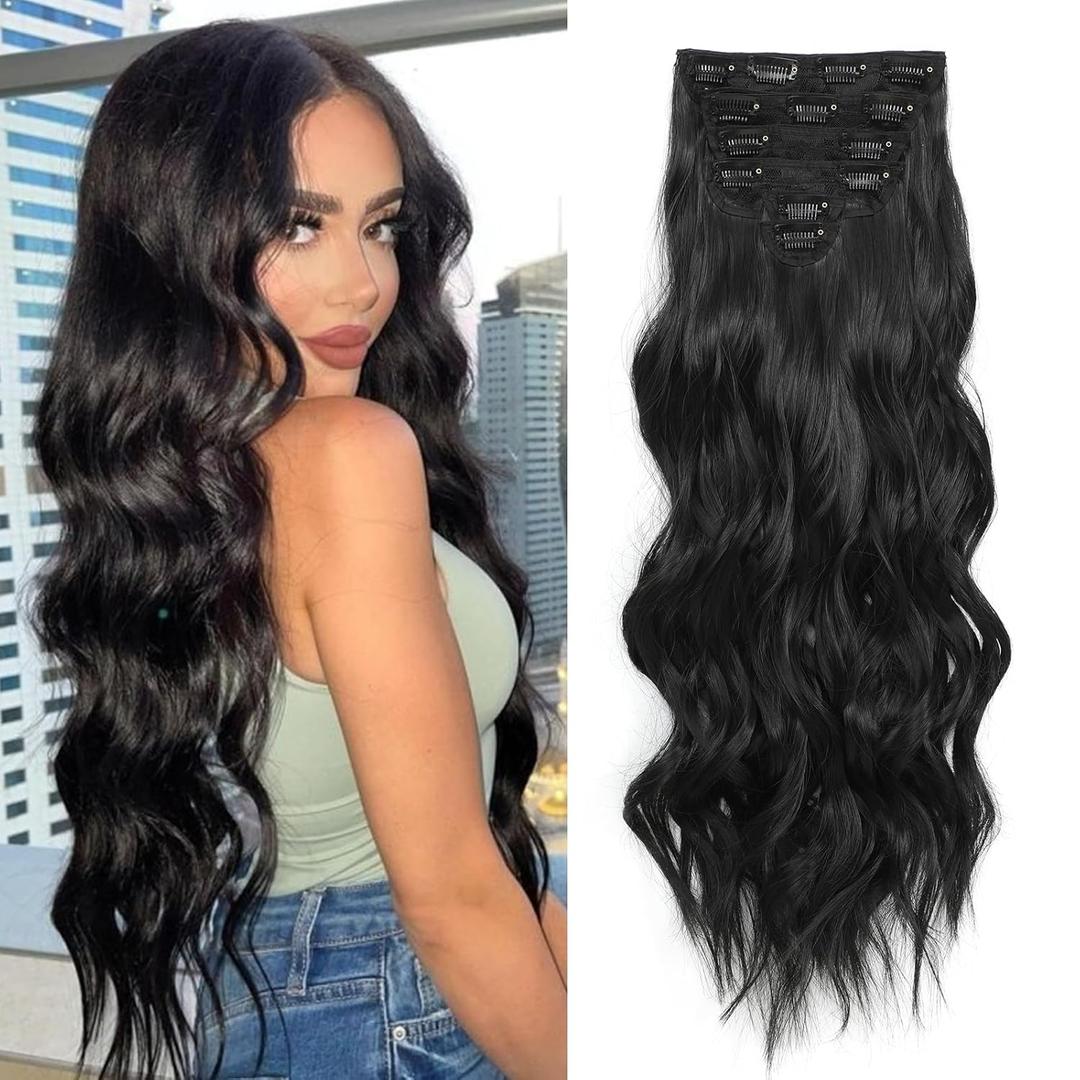 Fliace Clip in Hair Extensions, 6 PCS Natural & Soft Hair & Blends Well Hair Extensions, Dark Brown Long Wavy Hairpieces(24inch, 6pcs, Natural Black)