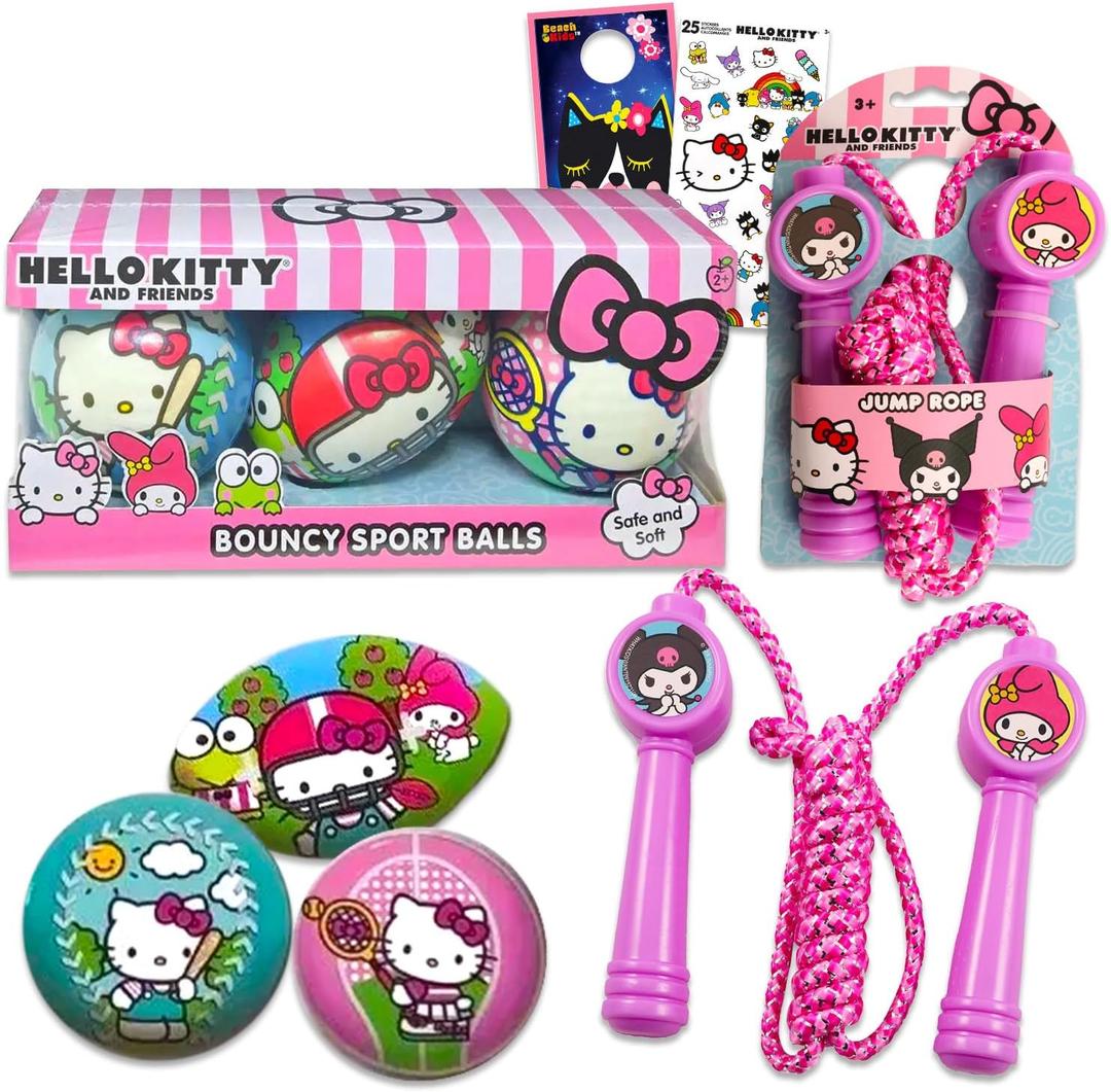 Hello Kitty Outdoor Toys for Girls, Kids - Bundle With 3 Mini Sports Balls, Jump Rope, and Stickers | Fitness Toys, Sport Playset