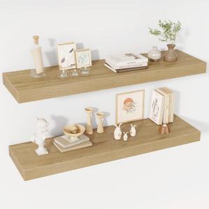 40 Inch Floating Shelves, 12" Deep Floating Shelf Wall Mounted, 40" Wall Shelves, Rustic Deep Bookshelf, Extra Deeper & Thicker Display Shelves for Bedroom, Living Room, Oak, Set of 2