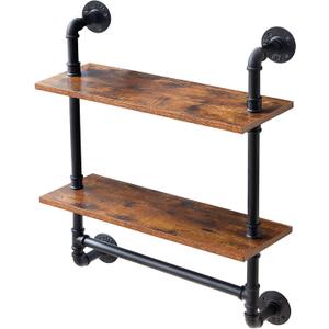 YMYNY Industrial Pipe Shelf Bracket, 2 Tiers Retro Wall Mounted Floating Shelf, Wood Look DIY Storage Shelving Bookshelf, UHRF-TM014 (2 Tiers with Towel Holder)