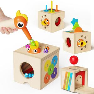 5-in-1 Wooden Activity Cube, Toddlers Montessori Toys for Baby Boys Girls, Baby Activity Center for 2+ Year Old, Woodpecker Worm Toy Magnetic Bird Feeding Game, Educational Color & Shape Sorting Toy