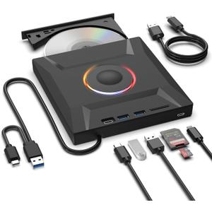 ASHDOL External CD DVD Drive, 7 in 1 USB 3.0 and Type-C Disc Reader Writer Burner Player, Slim and Portable CD DVD +/ -RW Optical Drive for PC Laptop Desktop MacBook Mac Windows Linux OS Apple (7 in 1)