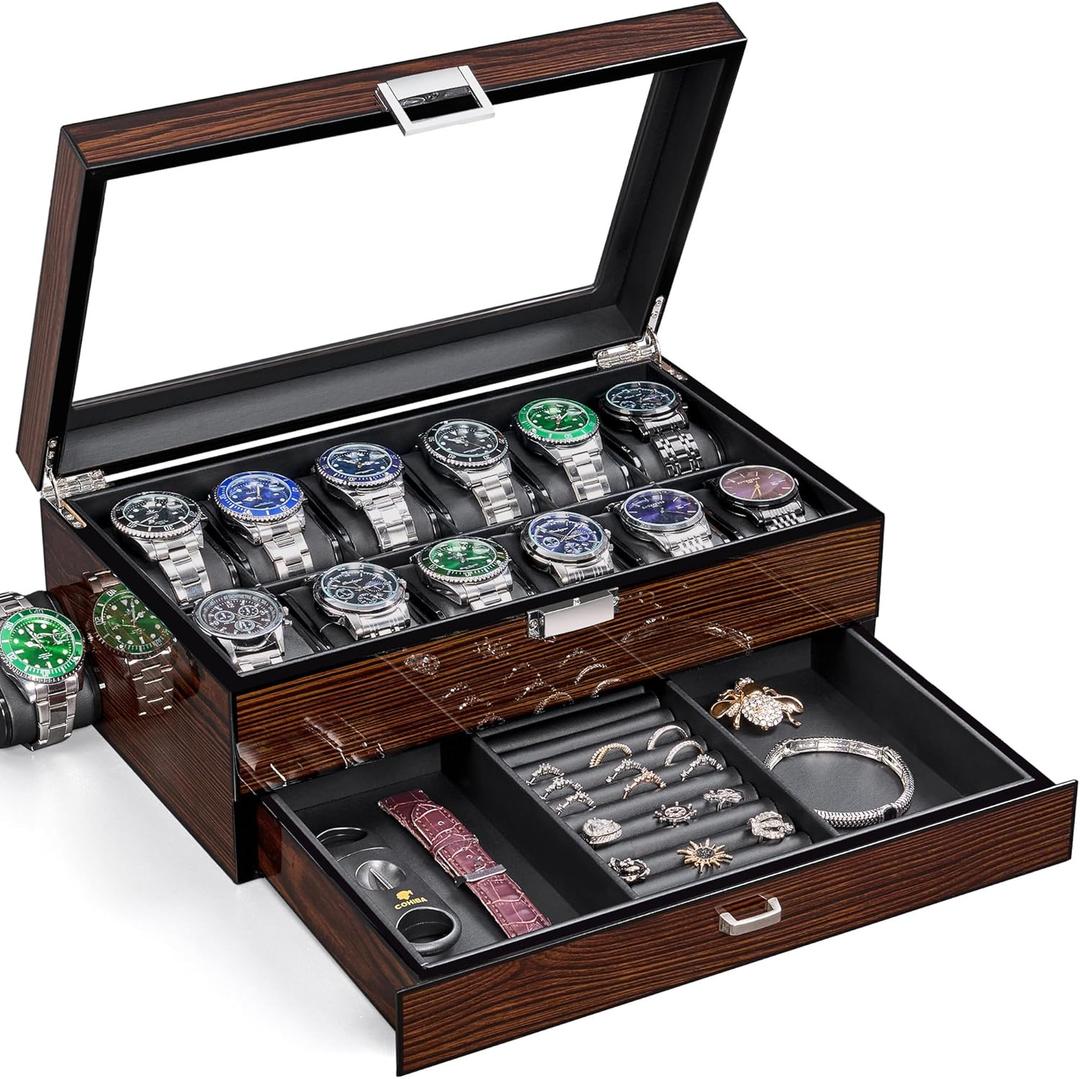 BEWISHOME High-End Watch Box, 12-Slot Watch Case with Large Glass Lid, 2-Layer Wooden Watch Box for Men, Watch Organizer Watch Storage Holder for Men Brown SSH02Y