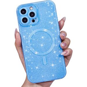 for iPhone 12 Pro Max Case Glitter Compatible with Magsafe, Girly Cute Sparkly Magnetic Mag Safe Pretty Phone Case for Women, Bedazzled Bling Sparkle Slim Bright Silicone Rubber, Light Blue