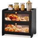 Double Layer Bread Box for Kitchen Countertop, Large Breadbox Bread with Windows, Wooden Farmhouse Bread Holder (Black)