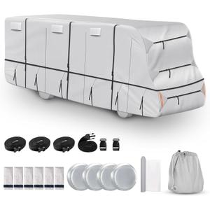 420D Top Class C RV Cover Fits 29'-32' Waterproof Rip-Resistant Anti-UV Motorhome Camper Cover for Winter Snow with Jack Cover 4 Tire Covers and Gutter Covers