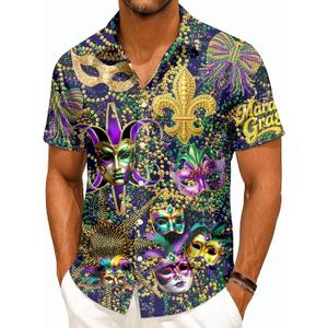 Purple Mardi Gras Short Sleeve Knit Casual Shirt for Men Mardi Gras Hawaiian Style Button Down Shirt for Man for Party Mens Mardigras Outfit (XXXL)