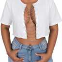 Hilinker Women's Sexy Graphic Crop Tops Summer Cut Out Chain Shirts Short Sleeve Cropped Tee (Medium, White)