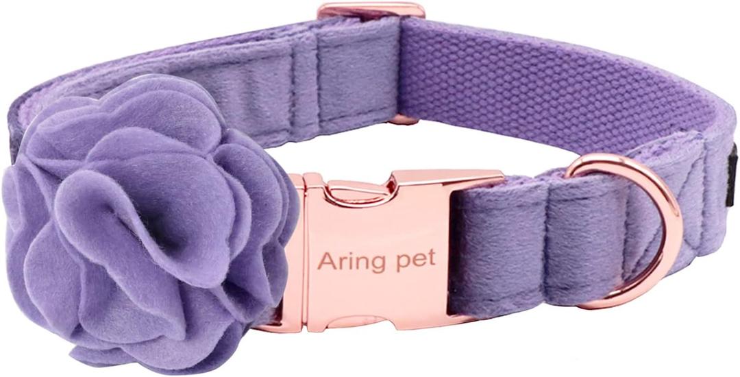 ARING PET Velvet Dog Collar, Purple Dog Collars with Detachable Felt Flower, Adjustable Soft Comfortable Dogs Collar Flower with Metal Buckle for Small Medium Large Dogs (Medium (Pack of 1), B:purple)