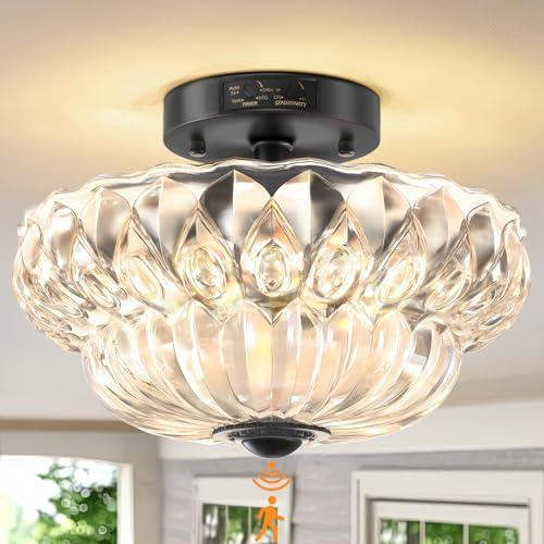 Redluck Mid Century Modern Motion Sensor Outdoor Ceiling Light, 11'' Glass Dusk to Dawn Flush Mount Porch Lights Outdoor, Black Ceiling Lamp for Entryway, Garage, Hallway (Bulb Not Included)