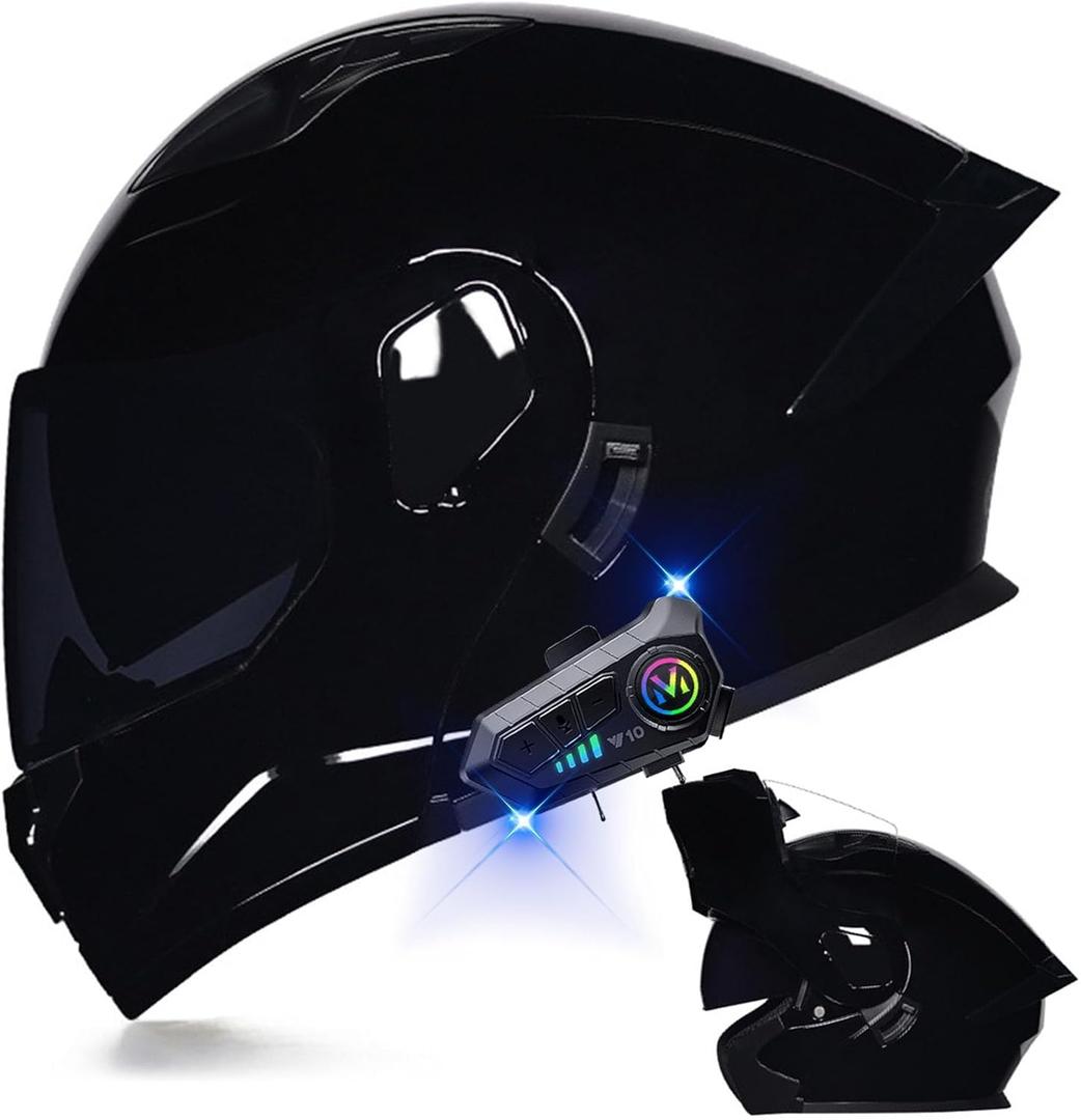 Motorcycle Bluetooth Modular Helmet DOT Approved Dual Visor Full Face Flip up Integrated Motorcycle Helmets Double Visor Helmet Built-in Dual Speaker Microphone Waterproof Adults Men Women, XL=(61-62CM) (Black)