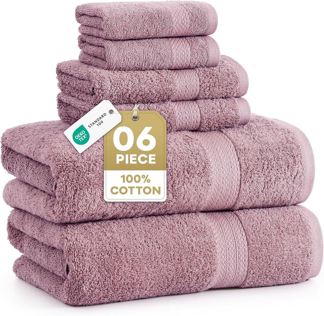 LANE LINEN 100% Cotton Turkish Towels for Bathroom - 6 Piece - Softer & Highly Absorbent - 2 Bath, 2 Wash cloths, 2 Hand Towels - Complete Family Set, Hotel Quality & Gentle on Skin - Wistful Mauve