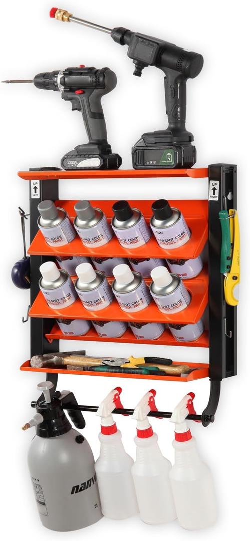 Wallmaster Spray Can Holder, Lube Can Wall Mount Storage Rack Heavy Duty Paint Bottle Organizer for Garage & Home | 8 Can Holes & 2 Shelf