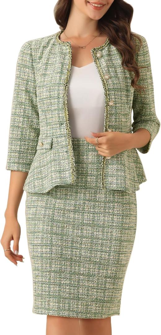 Allegra K Women's 2 Piece Skirt Sets 3/4 Sleeve Collarless Tweed Jacket Pencil Skirt Set Elegant Business Casual Outfit 3X-Large Green