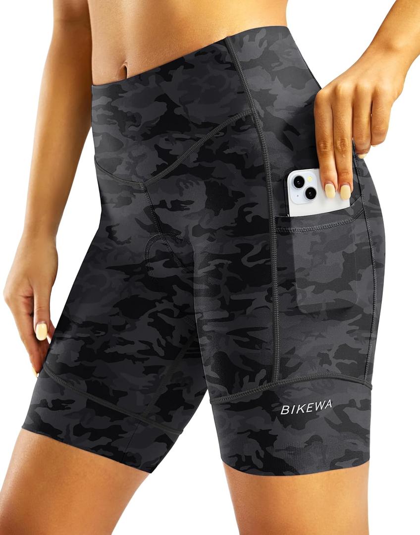 Padded Bike Shorts for Women High Waisted 4D Padding Cycling Bicycle Road Biking Shorts with Pockets (XX-Large, Camo Black)
