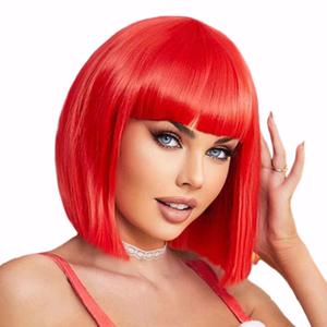 Red Bob Wig With Bangs 12 Inch Short Synthetic Fiber Bob Wigs for Women Short Bob Wigs and Halloween Cosplay Bob Wig With One Cap (Red) (12 Inch (Pack of 1))