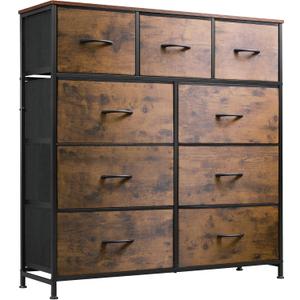 WLIVE 9-Drawer Dresser, Fabric Storage Tower for Bedroom, Hallway, Entryway, Closet, Tall Chest Organizer Unit with Fabric Bins, Steel Frame, Wood Top, Easy Pull Handle, Rustic Brown Wood Grain Print