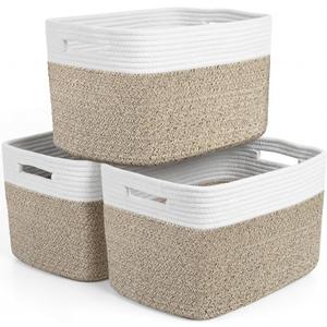 Storage Baskets for Organizing, 14 x 10 x 9 Closet Shelf Woven Baskets, Square Bins with Handles, Cotton Rope Basket for Toys, Clothes, Office, Room, White+Rice Brown 3 Pack