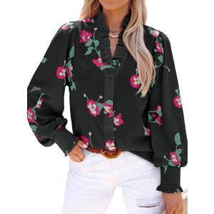 Tankaneo Womens Floral Ruffle Blouses Dressy Casual Long Puff Sleeve Boho Tops V Neck Button Down Shirts Black (M)