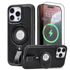 for iPhone 16 Pro Max Case Leather | iPhone 16 Pro Max Leather Case with Stand | Compatible with MagSafe with Magnetic Ring Grip Holder (Black, IP 16 Pro Max-6.9inch)