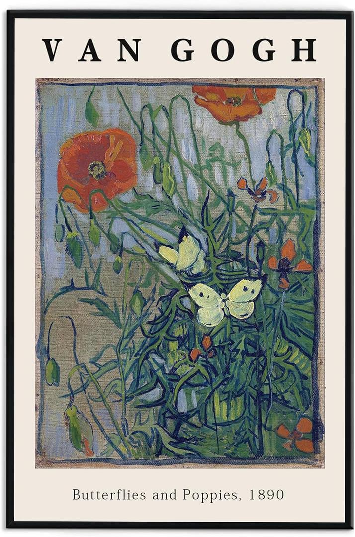 Vincent Van Gogh Framed Wall Art Print Butterflies And Poppies Flowers by Van Gogh Canvas Prints Painting Reproduction for Living Room Bedroom Kitchen Office Home Decor 12"x16" Black Framed