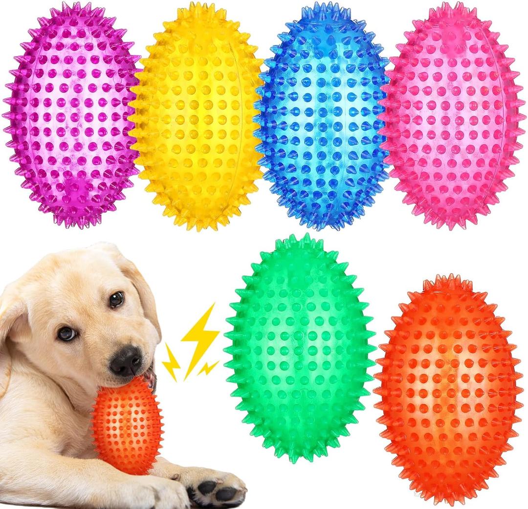 6 Pcs 4.5'' Spiky Squeaker Football Dog Toy for Medium Large Dogs Toys Heavy Duty Rubber Chew Toys for Aggressive Chewers Spiky Ball Fetch Toys for Training Clean Teeth Outdoor(Classic)