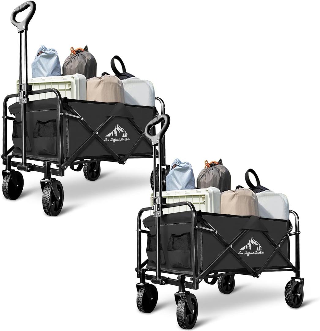 Collapsible Utility Cart Folding Wagon, 220 lbs Capacity Lightweight Rolling Cart with Quiet Wheels, Quick-Fold Design for Camping, Shopping, Ourdoor Use,Black 2PCS