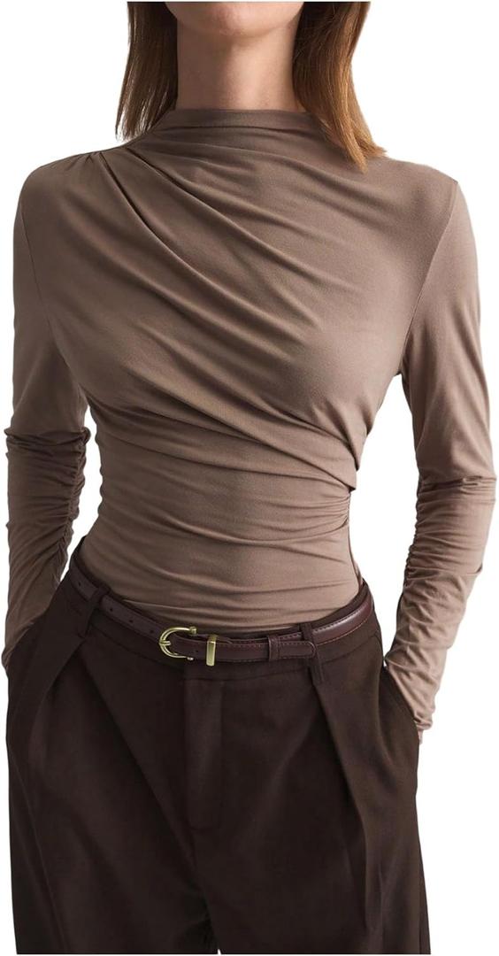 SHENHE Women's Mock Neck Long Sleeve Shirt Ruched Slim Fit Basic Trendy Top Going Out Tee (Medium, Coffee Brown)