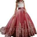 Princess Lilac Long Girls Pageant Dresses Kids Prom Puffy Tulle Ball Gown (Pink) One Size