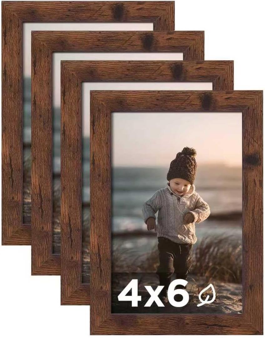 KINLINK 4x6 Picture Frame Rustic Brown Set of 4, Wooden Photo Frames with Plexiglass for 4x6 without Mat for Table and Wall Display