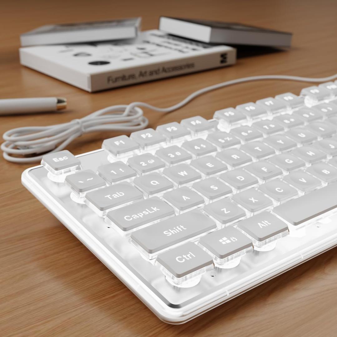 SEUNKWANG EWEADN GX710S Backlit Computer Keyboards, Wired USB Keyboard with White Backlit, Metal Panel, Plug and Play, Pudding Keycaps Full Size Quiet Computer Keyboard for Win/PC/Laptop-White