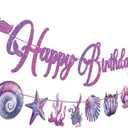 Hooqict Mermaid Happy Birthday Banner Garland Mermaid Party Banner Decorations for Girls 1st 2nd 3rd Under The Sea Themed Birthday Party Decorations Supplies
