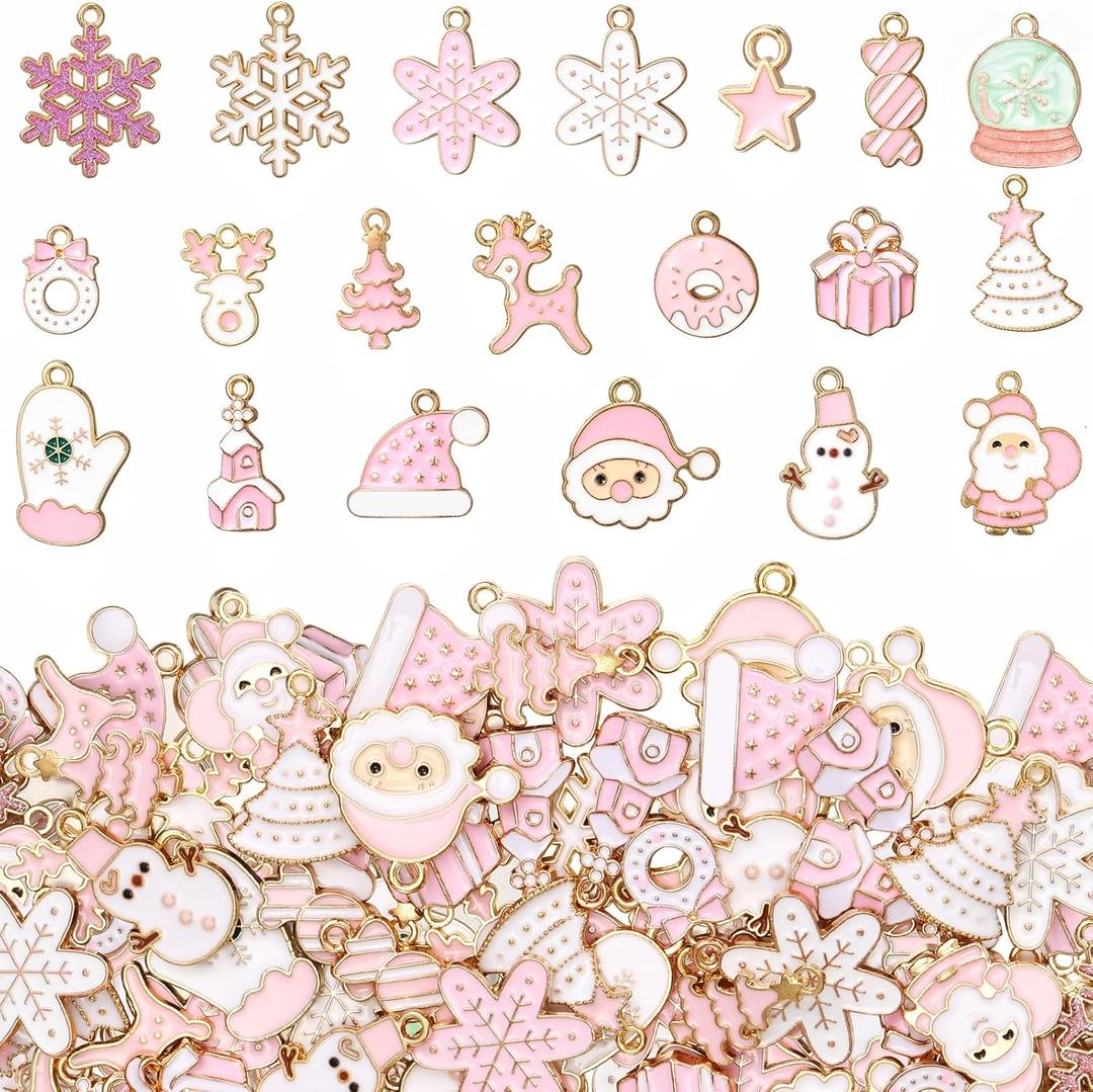 Misdary 100 Pcs Pink Christmas Charms for Jewelry Making Christmas Charms Santa Snowflake Metal Earring Alloy Jewelry Pendants for DIY Holiday Xmas Bracelet Necklace Craft Ornaments Supplies